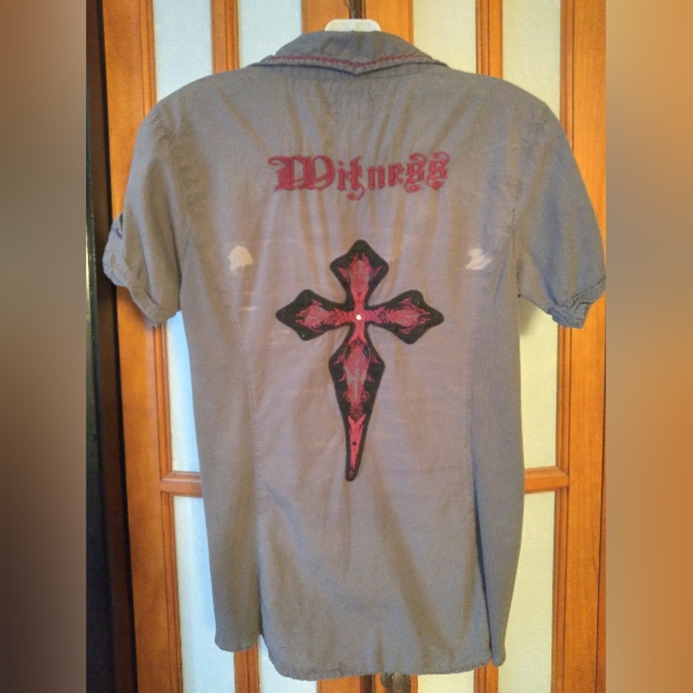 Women's Jrs 90s Y2K Snap Front Shirt Sz M By Witness, Embroidered Distressed